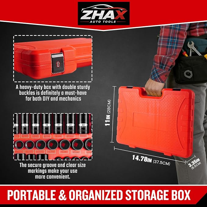 ZHAX 3/8 Inch Drive 6 Point Impact Socket Set, 72 PCS Standard SAE(5/16"- 3/4") & Metric(8-22mm) With Spark Plug, Deep & Shallow, 72T Wrench Ratchet Tool Kit,Cr-V With Heavy Duty Storage Case