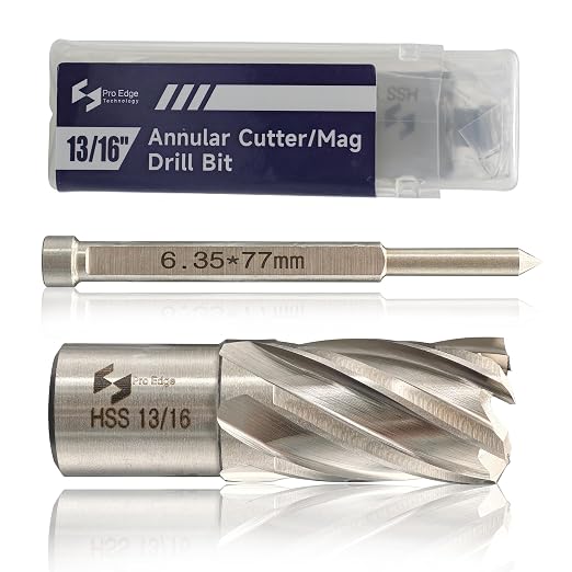 Pro Edge 1-Piece 13/16" Cutting Diameter 1" Cutting Depth Annular Cutter, M2AL HSS Mag Drill Bit with Pilot Pin 3/4" Weldon Shank, for Magnetic Drill Press Steel Plate, Aluminum, Copper