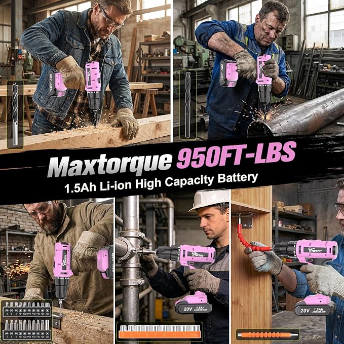 20V Cordless Pink Drill Set with Battery & Charger, 2-Speed Power Drill for Women, Pure Copper Motor, 250 In-lbs, 3/8" Keyless Chuck, Tool Kit for Home DIY（Pink）