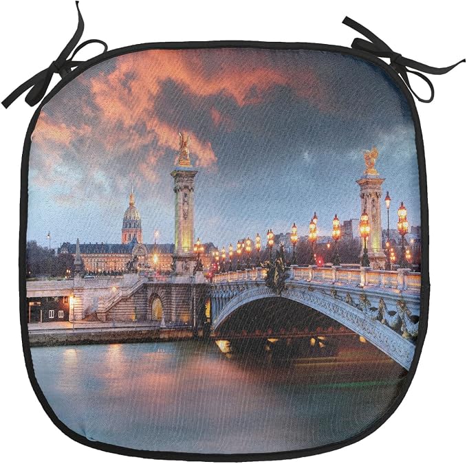 Lunarable Paris Chair Cushion Pads Set of 4, Alexandre III Bridge Paris France Palace Warm Color Peaceful Waterscape, Anti-Slip Seat Padding for Kitchen & Patio, 16"x16", Coral Dark Blue Tan