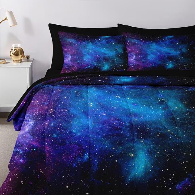 Nesker Comforter Set King Size, Galaxy Retro Star 7 Pcs Bedding for Kids and Adults, Space Science Night Sky Bed Sheet Sets with Fitted Sheet 2 Pillowcases & 2 Shams