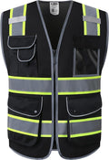 JKSafety 9 Pockets Hi-Vis Black Color Zipper Front MESH Safety Vest with Fluorescent Yellow Extend Edge outlining the Reflective Tapes Meet ANSI/ISEA Class 1 Standard (100-Black, 5XL)
