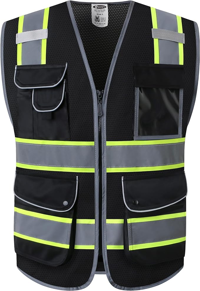JKSafety 9 Pockets Hi-Vis Black Color Zipper Front MESH Safety Vest with Fluorescent Yellow Extend Edge outlining the Reflective Tapes Meet ANSI/ISEA Class 1 Standard (100-Black, 5XL)