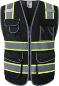 JKSafety 9 Pockets High Visibility Zipper Front MESH Black Safety Vest | Black with Dual Tone High Reflective Strips | ANSI/ISEA Standards (100-Black, M)