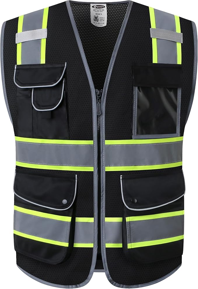 JKSafety 9 Pockets High Visibility Zipper Front MESH Black Safety Vest | Black with Dual Tone High Reflective Strips | ANSI/ISEA Standards (100-Black, M)