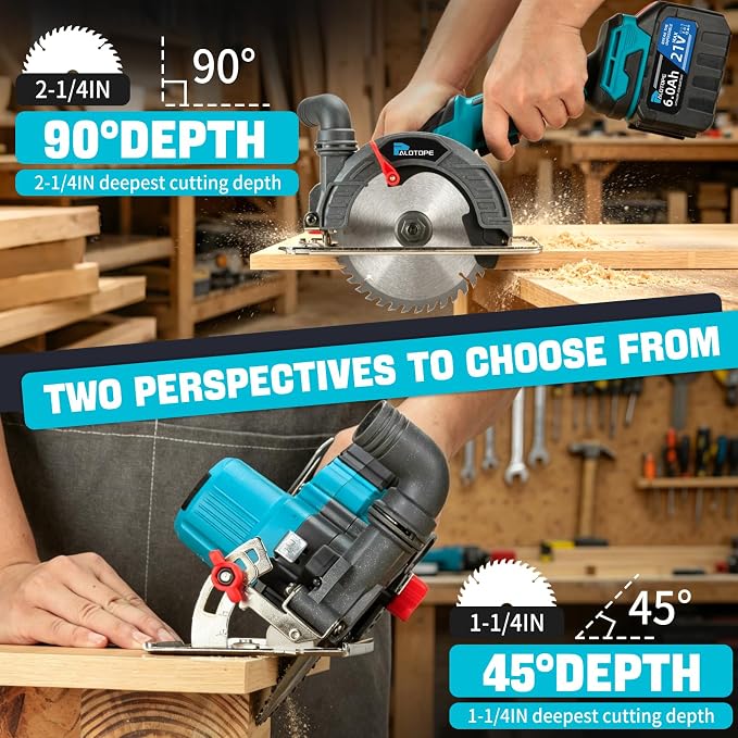 6" Cordless Circular Saw,6900 RPM Power Wood Saw with 2 X 6.0Ah Batteries, 6" Alloy Blade, 2.2"(90°)1.5"(45°) Max Cutting Depth,Portable Table Saw for Wood,Home Renovation