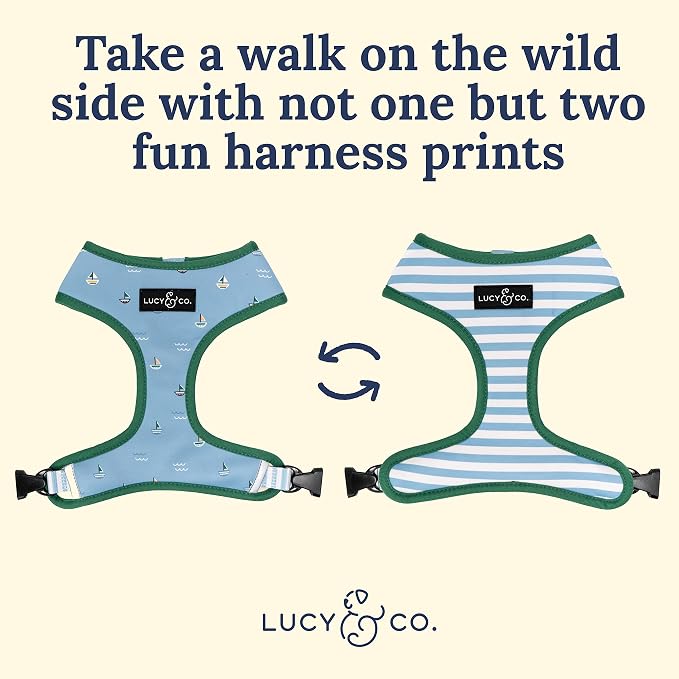 Lucy & Co. Reversible Dog Harness - Water-Repellent Neoprene, Dual-Print Design, Easy Swap Style, Adjustable Comfort Fit - Set Sail Reversible Harness - X-Small