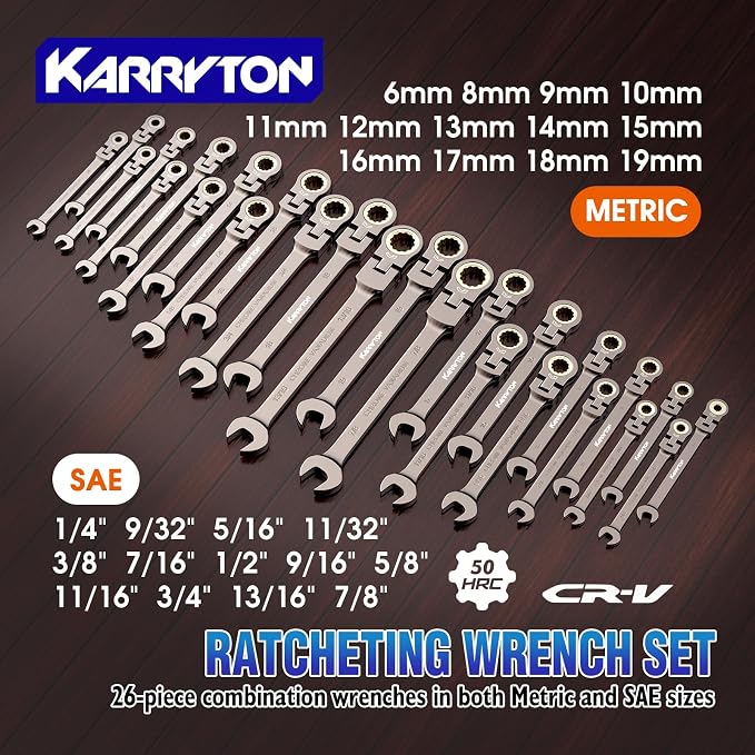 26-Piece Flex head Ratcheting Wrench Set (Metric & SAE), 72 Teeth Combination Wrench Set w/Organizer Rack,Cr-V Steel,6-19mm &1/4-7/8", Black Nickel Handle with Golden Ratchet