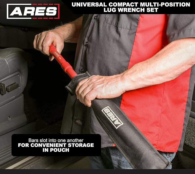 ARES 57000 Universal Lug Wrench Set, 17/19/21mm Sockets, 26-In | 26-Inch length; unique 1/2-Inch drive socket adapter end; compact design with storage pouch.