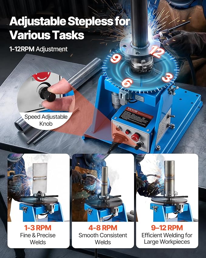 VEVOR Rotary Welding Positioner 10KG, 1-12 RPM 20W, Adjustable 0-90° Turntable with 8.1 Inch 3-Jaw Chuck, Compact Welder Machine for Precision Cutting, Grinding, Assembly, and Testing