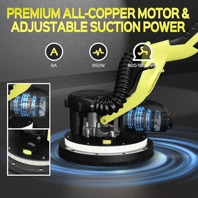 Drywall Sander, Popcorn Ceiling Removal Tool with 7 Variable Speed 800-1800RPM, 2026 Upgraded 8-Amp Drywall Sander with Vacuum Dust Collector with 12pcs Sanding Discs, Extendable Handle, LED Light