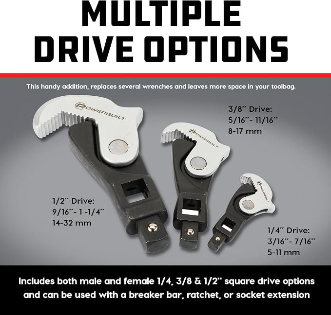 Powerbuilt 3 Piece Spring-Loaded Crowfoot Wrench Set, Adjustable, Auto Size, Universal Wrench, Self-Adjusting, Power Grip, Storage Tray - 642963