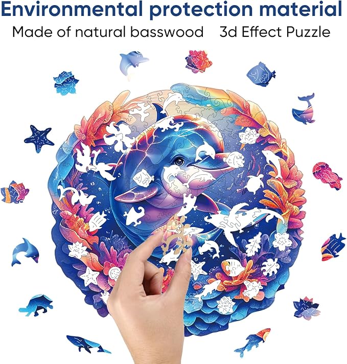 Qiuenisray Wooden Puzzles for Adults, Dolphin Baby Jigsaw Puzzles 200 Pieces, FSC Certified Unique Ocean Adult Puzzles, Wood Puzzles Creative Gift for Family Game 11.2x11.2 in