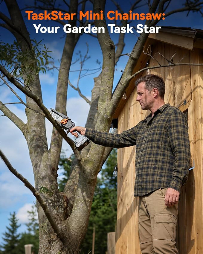 TaskStar 8-Inch Mini Chainsaw Cordless, Brushless Motor, 2×2000mAh Batteries, Lightweight One-Handed Electric Chainsaw for Cutting Thick Branches, Tree Trimming, Wood Cutting, Beginner Friendly