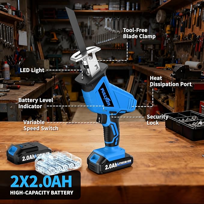 FULLYEA Reciprocating Saw Cordless, 0-3500SPM Variable Speed Reciprocating Saws with 4 Saw Blades, Tool-Free Blade Change, Electric Reciprocating Saws for Woods/Metal/Plastic Cutting,Blue