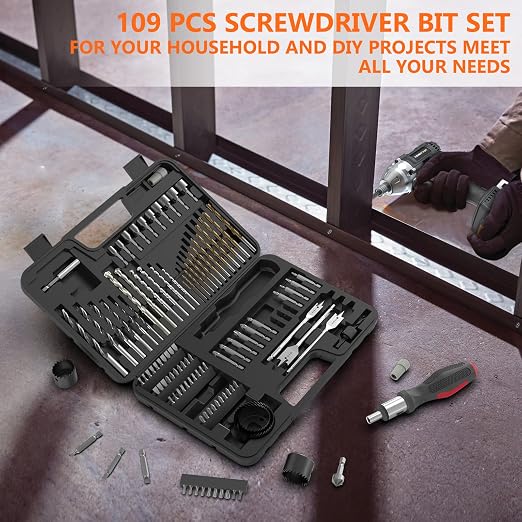 ENERTWIST Drill Bit Set, Drill Bits for Metal, Wood, Masonry-109Pcs Titanium, High Speed Steel Drill Bit Screwdriver Bit Set with Ratchet Screwdriver in Storage Case