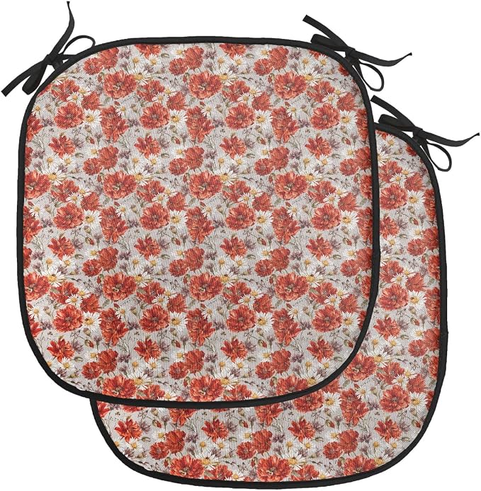 Lunarable Flower Chair Cushion Pads Set of 2, Blooming Poppies Ladybug Bumblebee Bee and Butterflies Summer Joyful, Anti-Slip Seat Padding for Kitchen & Patio, 16"x16", Vermilion Yellow Beige