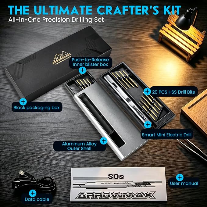 ARROWMAX Mini Electric Hand Drill Kit with 20pcs Drill Bits & LED Light