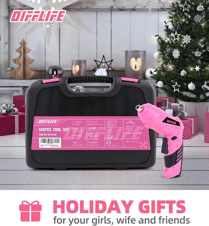 Pink Power-Screwdrivers Tool Set for Women,3.6V Power Screwdriver Cordless Rechargeable Tool Kit 143-Piece Electric Screwdriver Cordless Tool Set Pink 143PCS Tool Box