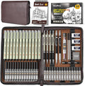 Nicpro 58 PCS Art Drawing Supplies Kit in Leather Case, Art Mechanical Pencil Set with Metal Drafting Pencil 0.3 & 0.5 & 0.7 & 0.9 & 2mm, 12 Micron Pen, Sketch Book, 30 Tube Lead Refills for Sketching