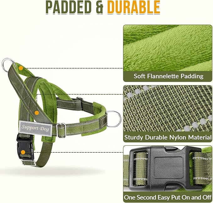 SlowTon No Pull Dog Harness with Front Clip - Heavy Duty, Soft Padded | Neck & Chest Adjustable, Tactical Pet Vest and Leash Set for Large Medium Sized Dogs, for Easy Walk & Training, Green XL