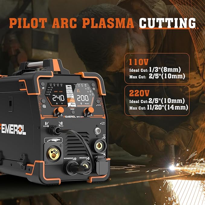 FEMEROL Plasma Cutter Welder Combo 200A Gas MIG/Gasless MIG/HF TIG/Stick/CUT/SPOT 6 in 1 Welding Machine Aluminum Welding 110/220V Dual Voltage Multi Process Welder