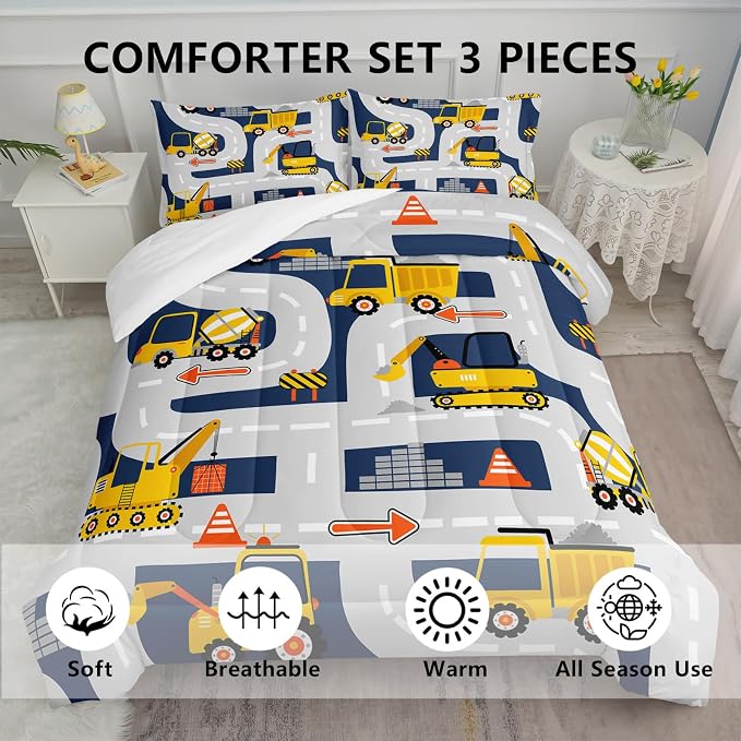 Axolotl Cartoon Excavator Bedding Set King,Tractor Truck Boys Comforter,3 Piece Yellow Vehicles Truck Comforter Set,Construction Site Theme Decor for Kids Boys Teens,1 Quilt 2 Pillowcases