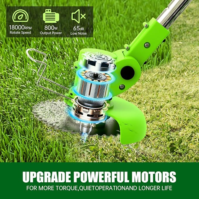 Electric Weed Wacker Eater Cordless Weed Trimmer with Wheels and 2 Pcs 21V/2000mAh Batteries, 3 in 1 Grass Trimmer/Brush Cutter/Lawn Edger with 27 Pcs Replacement Blades for Lawn Garden and Yard