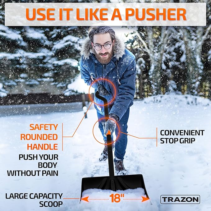 Snow Shovel Heavy Duty for Driveway with Ergonomic Handle to Use Without Backpain for Home Garage Car - Snow Shovel with 18 Inch Blade Large Capacity and 58 Inch Long Ergonomic Handle (Black)