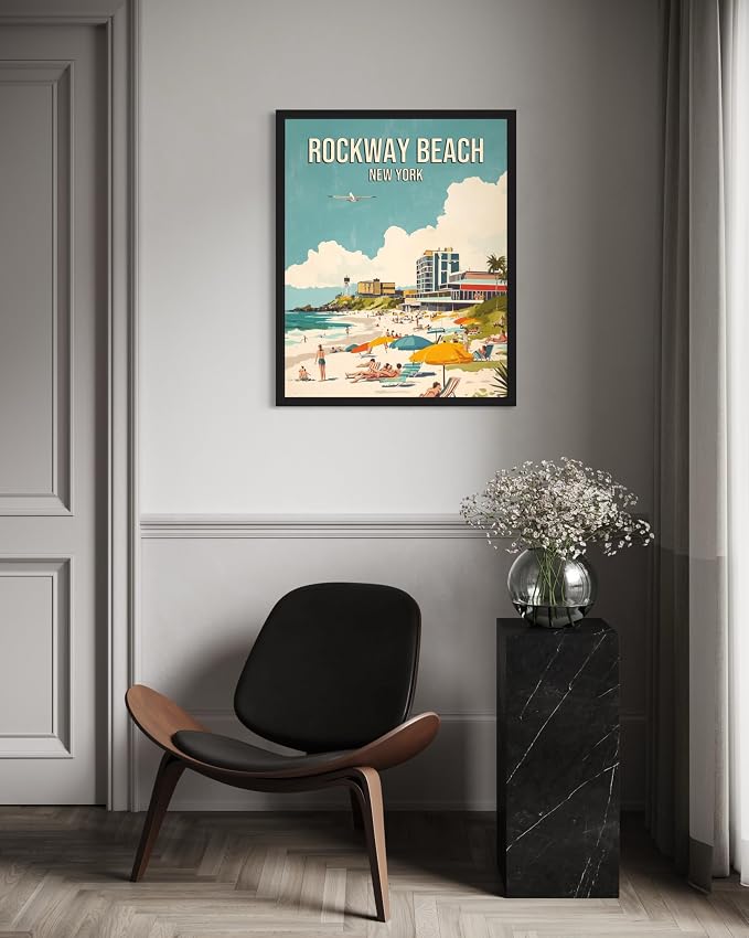 Rockaway Beach New York Black Framed Wall Art Print Poster, US Vintage Retro Beach Scenery Posters Prints for Restroom Home Picture Painting Artwork Gallery 219 (Rockaway Beach New York, 14"L x 11"W, Black Frame)