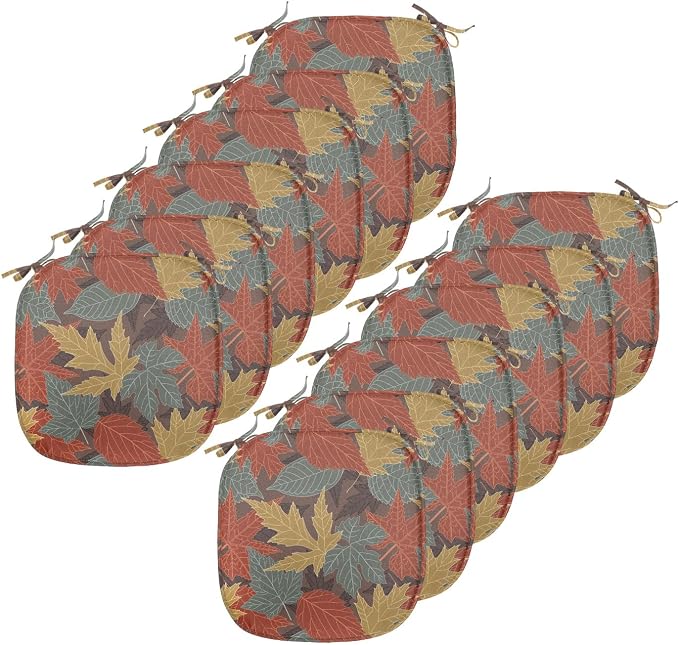 Lunarable Fall Leaves Chair Seating Cushion Set of 12, Large Leaf Silhouettes in Earth Tones, Anti-Slip Seat Padding for Kitchen & Patio, 16"x16", Paprika Multicolor