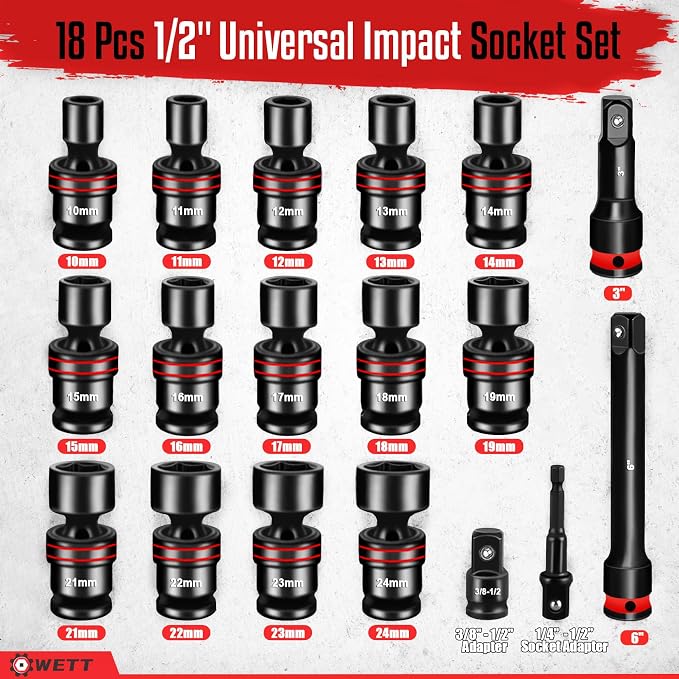 WETT 18-Piece 1/2" Drive Shallow Impact Universal Joint Socket Set, Metric Swivel Socket Set (10-24mm), Flexible Wobble Sockets with 3", 6" Extension Bar, Adapter, 6 Point