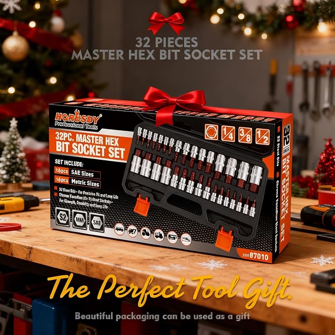 High Torque Master Hex Bit Socket Set, 32-Piece SAE & Metric Allen Socket Set, Premium S2 Alloy Steel, Durable Storage Case, 1/4", 3/8", 1/2" Drive, for Automotive & Mechanical Work