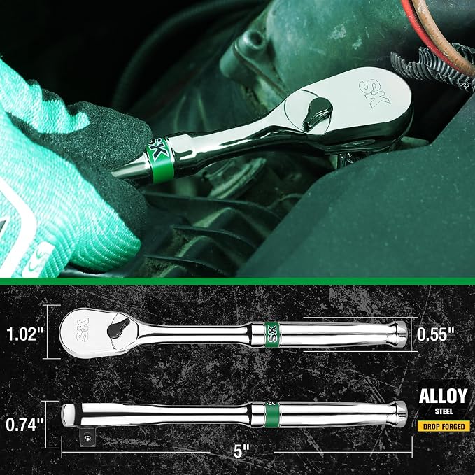 SK 1/4" Drive Ratchet Handle, Pear Head, 90-Tooth Ratchet, Alloy Steel | Reversible Switch for One-Handed Operation, Heat Treated SuperKrome Finish,Enclosed Head with Contoured Handle