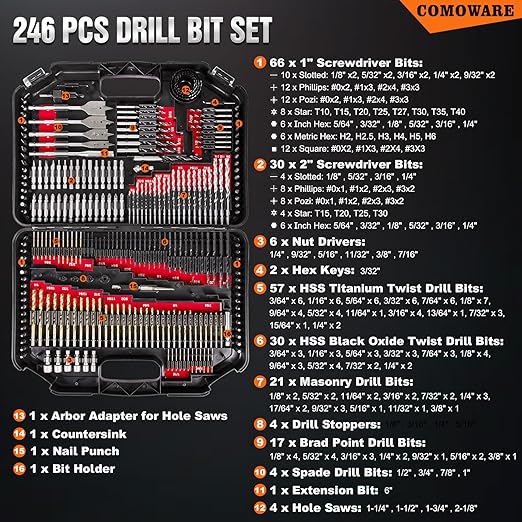 COMOWARE 246 Pcs Drill Bit Set with Case for Wood, Metal, Masonry, Cement and Screwdriver Bits