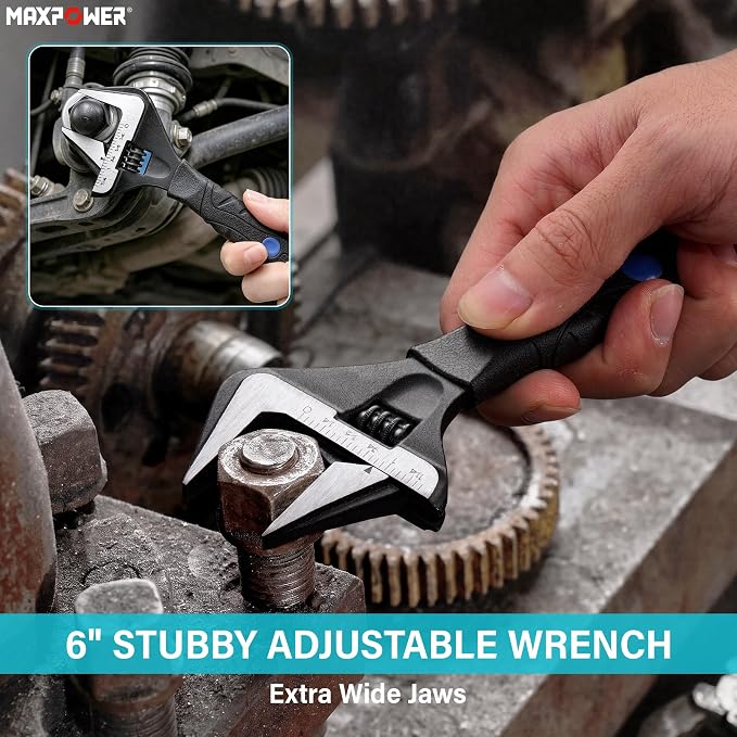 MAXPOWER 6-inch Wide Jaw Adjustable Wrench, 1.4" Jaw Opening, Stubby Handle | Cushion Grip, Compact Wrench,Smooth Adjustment for Plumbing & Automotive Work