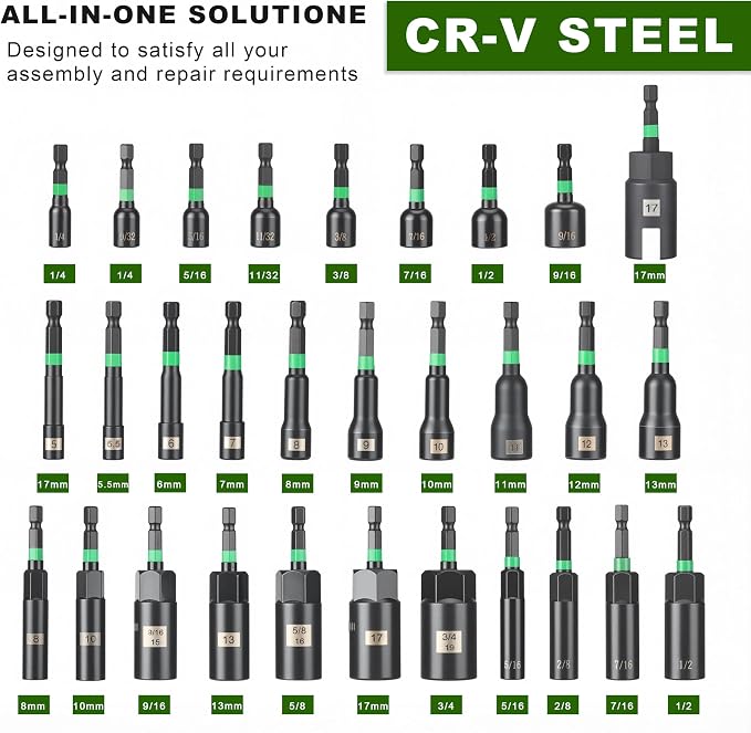 AEROFORCE 74 PCS Magnetic Nut Driver Set, Impact Drill Driver Bit 1/4" Hex Shank, SAE & Metric Cr-V Steel Power Nut Drivers with Wing Nut Driver, Impact Socket Adapters, screwdriver bits