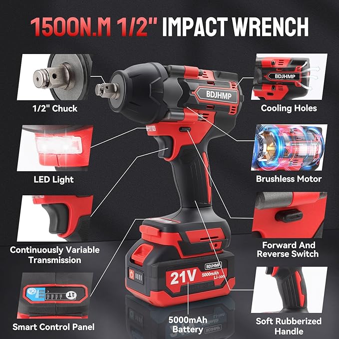 Cordless Impact Wrench 1/2 Inch, 1500 N.m/1106ft-lbs Brushless Impact Gun Compatible with Makita 18V Batteries, 3000 RPM High Torque Electric Power Impact Driver Set for Car Home (Red With Battery)