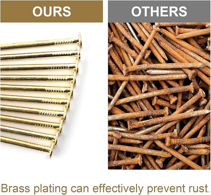 6 Sizes Gold Hardware Nails Assortment Kit, 358pcs, Brass Plated, Nails for Hanging Pictures, Finishing Nails, Wood Nails, Wall Nails for Hanging (3”, 2”, 1-1/2”, 1-1/4", 1”, 3/4")