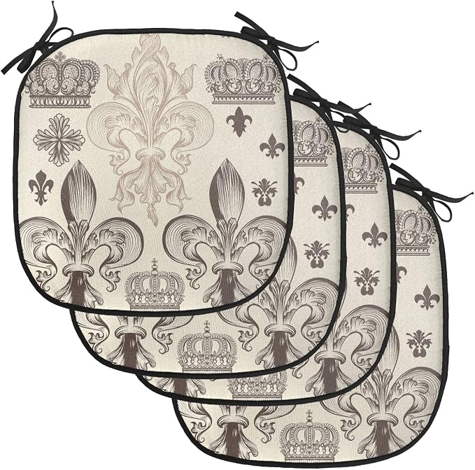 Lunarable Fleur De Lis Chair Cushion Pads Set of 4, Heraldic Pattern Royal Flower and Crowns Tiara Coat of Arms Knight, Anti-Slip Seat Padding for Kitchen & Patio, 16"x16", Beige Taupe and Ivory