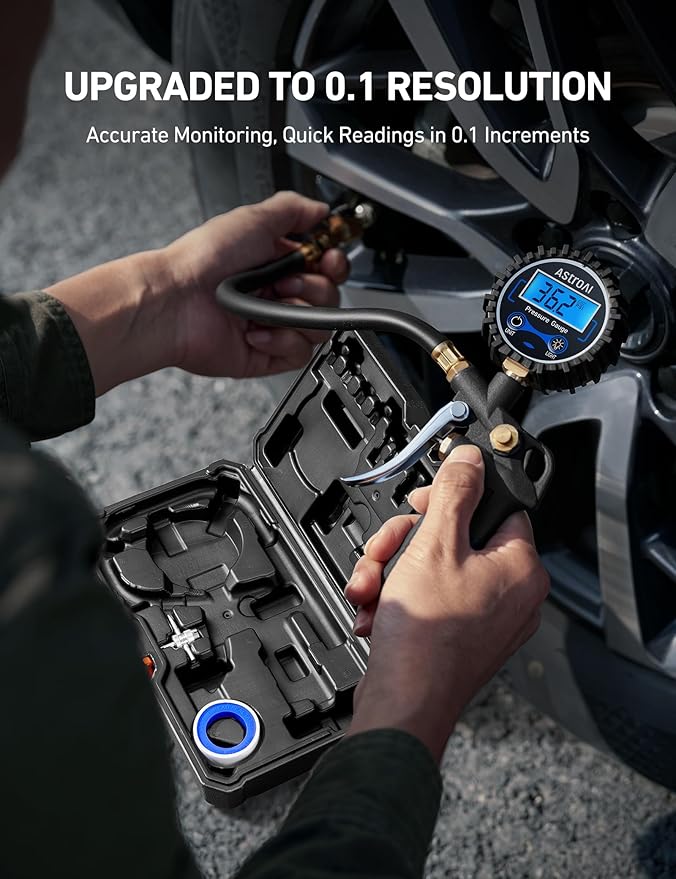 AstroAI Digital Tire Pressure Gauge with Inflator, 3-250 PSI Air Chuck & Compressor Accessories Heavy Duty with Quick Connect Coupler, 0.1 Display Resolution, 1pack