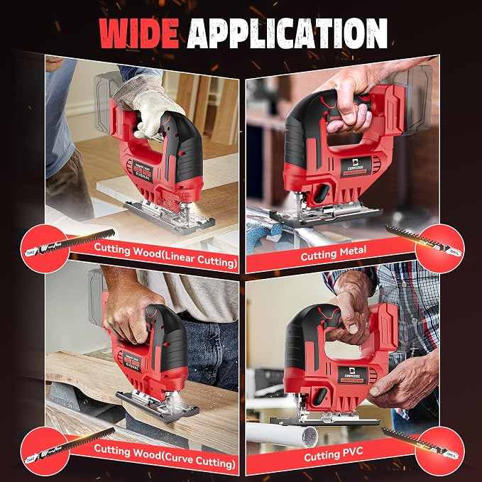 Cerycose Jigsaw Compatible With Milwaukee 18V Battery, Cordless jig saw tool With LED Light, 0°- 45° Bevel Cuts, 3 Position Orbital Setting for Straight/Curve/Bevel/Circle Cutting, Tool Only