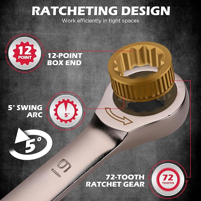 Premium 12-Piece Metric Ratchet Wrenches Set with Magnetic Organizer 8mm-19 mm, 72-Tooth Ratcheting Wrench Set, Cr-V Steel Ratchet Combination Wrench Set for Automotive, Machine Repair