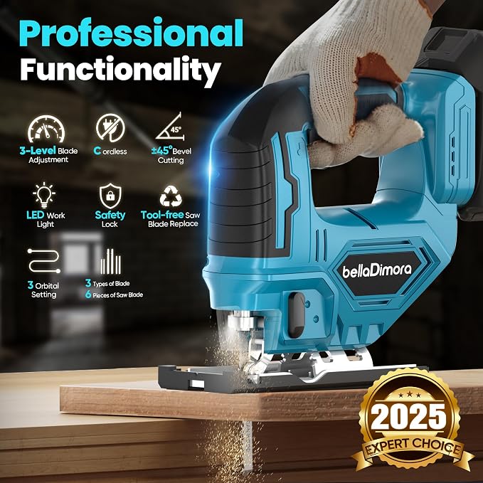 Jig Saw Compatible with 18V Battery | Cordless JigSaw with Built-in LED Light, 45 Deg Bevel, 3 Orbital Settings for Straight/Bevel Cutting & Metal(No Battery)