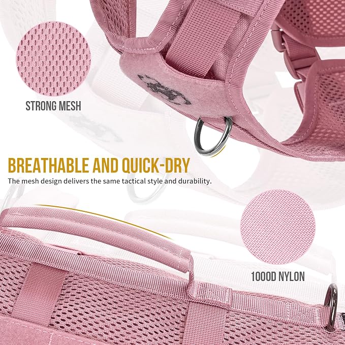 OneTigris Tactical Dog Harness for Small Dog, No Pull Small Dog Vest Harness with Handles Breathable Military Molle Vests for Walking Hiking Training (Pink, Large)