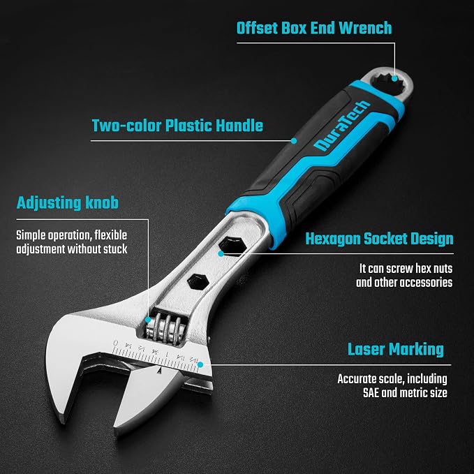DURATECH 12 Inch Adjustable Wrench, 3-in-1 Spanner | Box End, Hex Function, CR-V Steel, Metric & SAE Scales, Chrome-plated, Bi-material Soft Grip