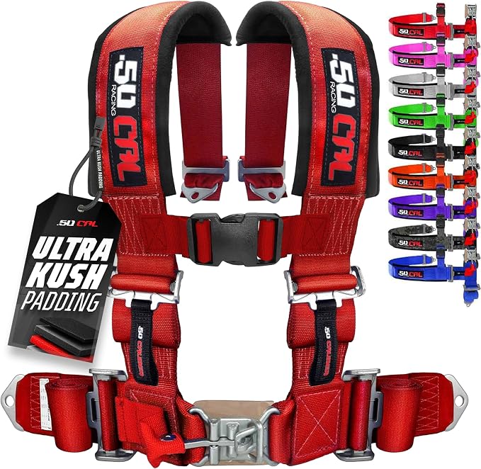 1pc 50 Cal Red 4 Point Harness 2" straps, Racing Harness Seat Belt | Ultra Kush padding, Push Button quick release hardware. Universal Fit for UTV, RZR, race car