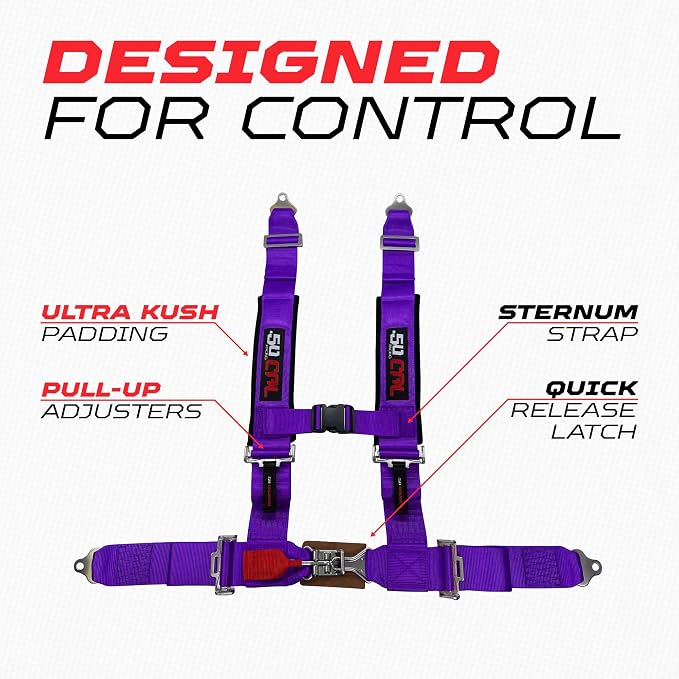 1pc 50 Cal Purple 4pt 4 Point Harness 3" straps, Racing Harness Seat Belt | Ultra Kush padding, Push Button quick release hardware. Universal Fit for UTV, RZR, race car
