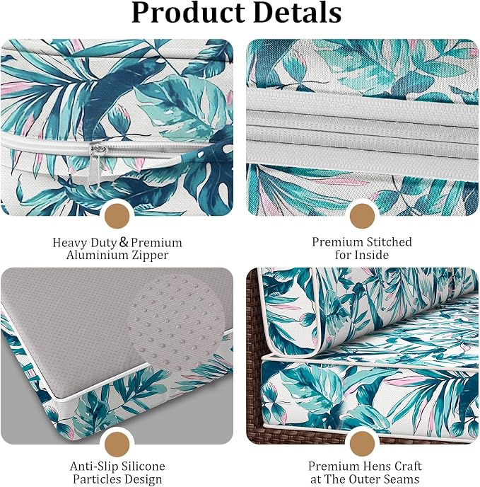 14 Piece Outdoor Furniture Replacement Cushions, Cover+Filling, 25.6" x 25.6" x 4" Foam Waterproof Outdoor Sofa Cushion Sets, Fit Wicker Rattan Sectional Conversation Set,Leaves
