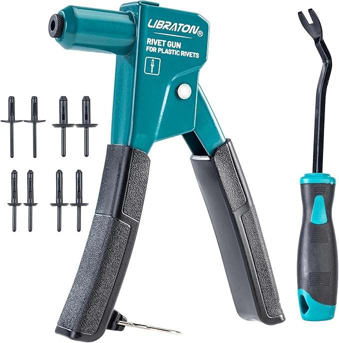 LIBRATON Plastic Rivet Gun Kit, 90 Degree Angle Hand Riveter with 40 Nylon Rivets (4 Sizes), Universal Nosepiece for Automotive/Electronics, Ergonomic & 50% Lighter Force